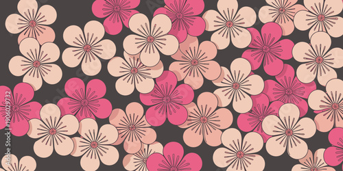 Seamless pattern of stylized cherry blossom flowers in pink and peach tones on a dark grey background elegant floral motif for spring or summer designs textile wallpaper fabric printing decorative gra