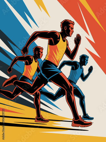 Athletic men running race competition sprint marathon athletic sport dynamic action determined athletes competing for victory professional runner illustration for sports marketing fitness advertising