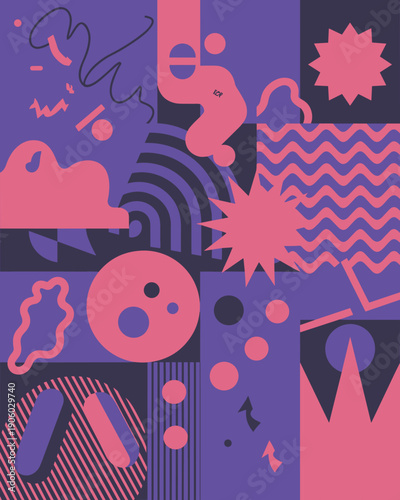 Abstract geometric shapes pattern modern graphic design bold shapes composition vibrant pink and purple color palette retro digital art background for creative projects social media marketing advertis