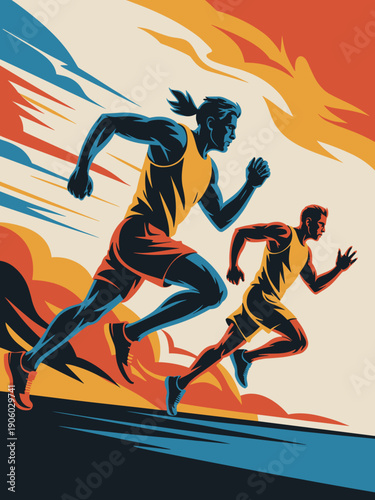 Two male athletes sprinting in a dynamic race competition action illustration representing speed endurance and athletic achievement with bold colors and graphic style for sports marketing and fitness