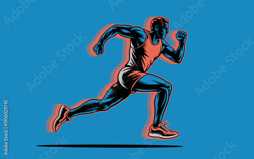 Dynamic male runner sprinting forward with powerful strides athletic man in motion achieving speed and performance for sports marketing advertising or motivational concepts vibrant illustration with b