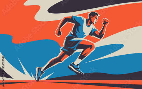 Dynamic athletic man running forward with powerful determined expression in vibrant abstract background symbolizing speed energy and achievement for sports fitness and competition concepts graphic ill