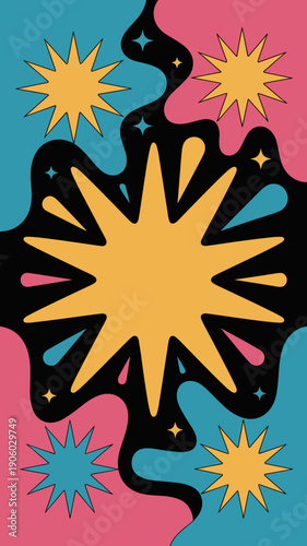 Retro groovy starburst explosion graphic design colorful psychedelic background with swirling shapes and sparkling elements abstract vintage aesthetic for celebrations and events energetic playful ret