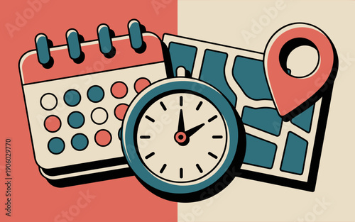 Calendar clock and map pin illustration for planning scheduling and navigation concept with retro color palette for business presentations project management and travel organization modern flat design