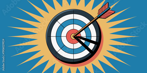 Target with arrow hitting bullseye center in vibrant sunburst graphic illustration for success goal achievement strategy concept and business objectives reaching vision planning marketing outreach per