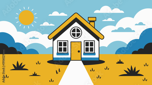 Charming minimalist house exterior with bright yellow roof and sunny sky background simple suburban home illustration for real estate concepts and property marketing modern residential dwelling vector