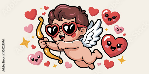 Cute cartoon cupid boy with bow and arrow wearing heart sunglasses flying amidst smiling hearts and stars for Valentines Day love romance celebration greeting card design concept illustration