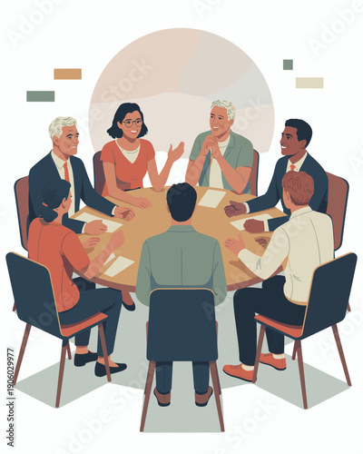 Diverse business team collaborating in modern meeting room discussing strategy planning ideas around circular table professional communication teamwork concept for corporate presentations business dev