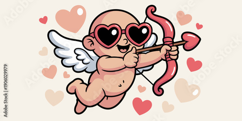 Cute cartoon cupid character with bow and arrow aiming with heart shaped sunglasses and wings flying amidst romantic hearts for valentines day celebration love romance concept illustration for greetin