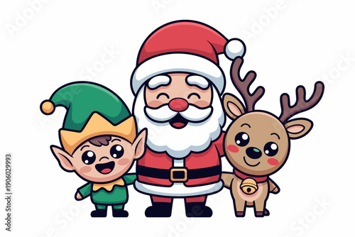 Cute cartoon Santa Claus elf and reindeer characters posing happily together festive Christmas holiday illustration for winter season celebrations greeting cards seasonal marketing children's book des