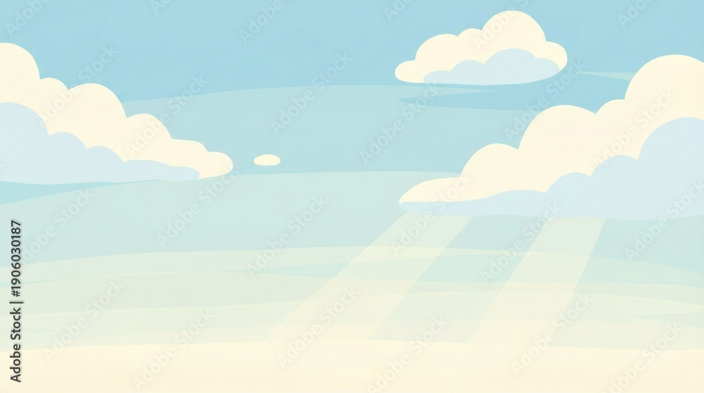 Fototapeta premium Soft Cartoon Sky Background with Fluffy Clouds and Sun Rays