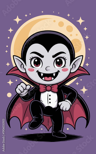 Cute cartoon vampire character dancing happily under a full moon with stars in a starry night sky spooky Halloween illustration for children party invitations holiday decorations and spooky events gra