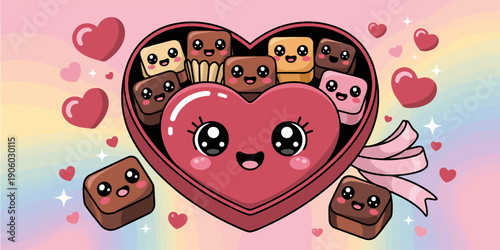 Cute kawaii chocolate box with smiling chocolates and hearts illustration for Valentine's Day celebration sweet treats gift concept adorable cartoon characters for confectionery advertising and holida