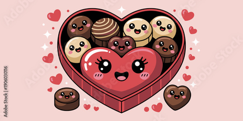 Cute kawaii chocolate box assortment with heart shaped candy and assorted truffles smiling happy characters illustration for Valentines Day or sweet treat promotions and dessert advertising