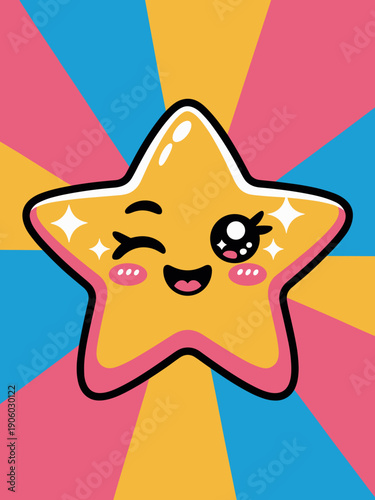 Cute kawaii cartoon star character winking and smiling with sparkle effect and bright colorful retro sunburst background vibrant graphic illustration for children kids animation and playful design con