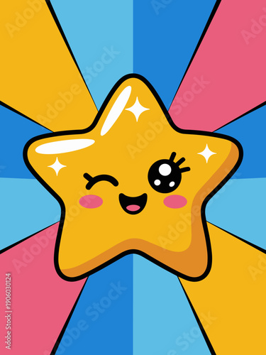 Cute cartoon yellow star character winking with happy face and blush cheeks smiling brightly with sparkling eyes and cheerful expression for kids children education or playful design concept vibrant b
