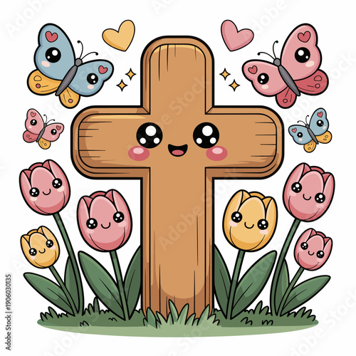 Cute smiling wooden cross character surrounded by adorable kawaii tulips butterflies and hearts representing spring easter religious celebration and new beginnings for children's education and greetin