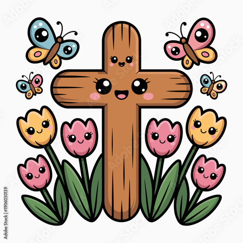 Cute wooden Christian cross character with happy face surrounded by colorful blooming tulips and flying butterflies adorable religious symbol for children's Easter and spring celebrations greeting car