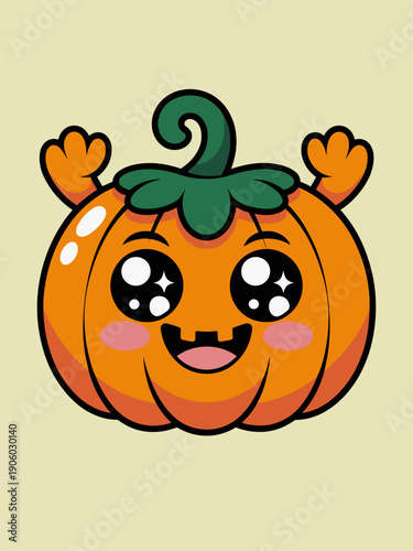 Cute kawaii pumpkin character waving happily with big sparkling eyes and blush cheeks for Halloween celebration autumn harvest fun and spooky season design elements vector illustration holiday concept