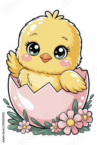 Cute baby chick hatching from pink eggshell surrounded by spring flowers and green leaves adorable fluffy yellow bird character illustration for Easter celebration and springtime themes playful innoce