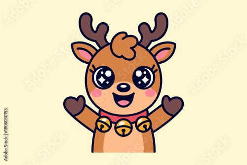 Cute cartoon reindeer character with big sparkling eyes and bells on collar waving happily for christmas holiday season festive greeting celebration winter fun joy illustration for kids children party