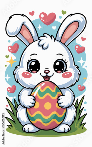 Cute fluffy white Easter bunny rabbit holding a colorful decorated egg with joy and love surrounded by hearts and stars for spring holiday celebrations children's designs and greeting cards illustrati