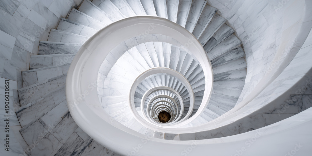 Fototapeta premium empty white marble spiral staircase with geometric shadows and minimalist architectural design isolated on white background top view