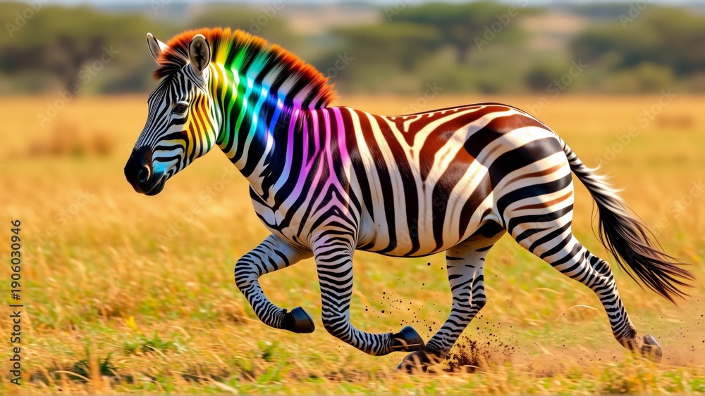 Obraz premium zebra running field zebra motion its body slightly turned side its legs stretched out front its head turned slightly its ears perked body zebra has rainbow colored mane flowing wind background vast