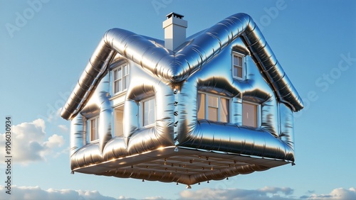 small metallic house floating sky house series curved lines form shape house pointed roof chimney top lines arranged way creates sense depth dimension house appearing floating above clouds sky bright