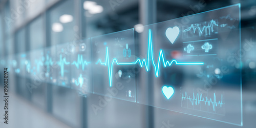 Abstract medical dashboard with glowing ecg waves and health charts for smart healthcare technology