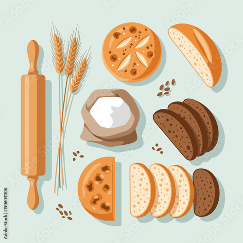 Bakery Ingredients, Wheat, Flour, and Bread Loaves Flat Lay Vector