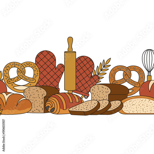 Bakery seamless border with bread, pastries, rolling pin, and oven mitts.