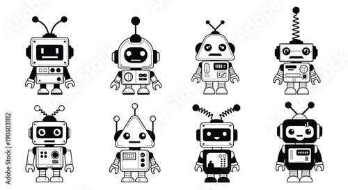 Collection of Cartoon Robots with Various Designs.