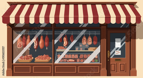 Traditional Butcher Shop Storefront Facade Vector Illustration