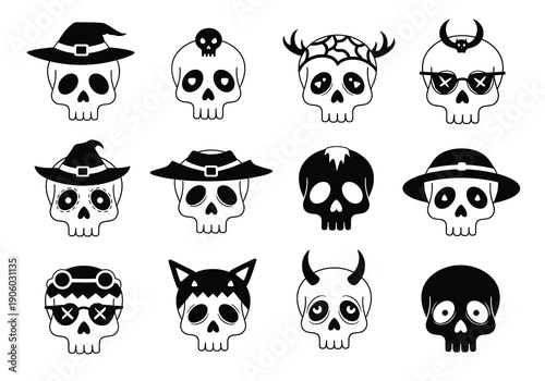 Collection of Cartoon Skulls with Various Hats.