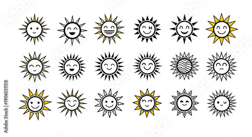 Collection of Cartoon Sun Faces with Smiles.