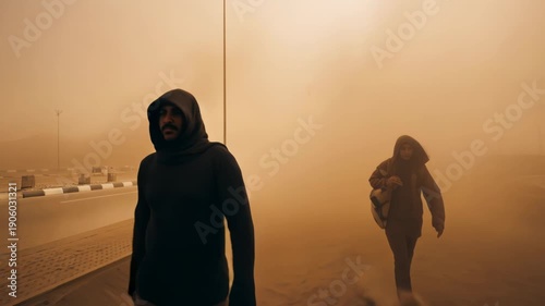 Sand storm affects visibility and movement in urban area during daytime hours with people navigating through dust