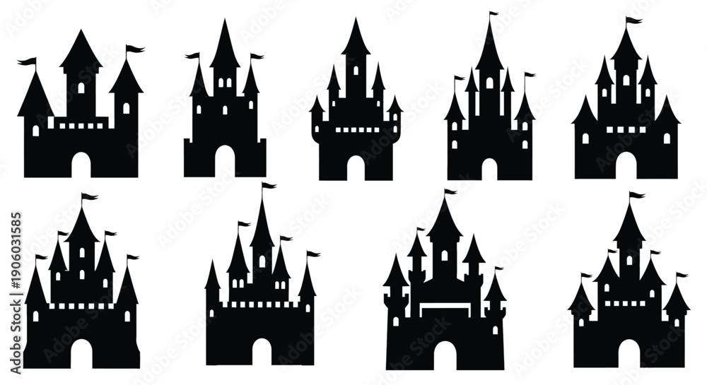 Naklejka premium Collection of Silhouetted Castle Graphics and Icons.