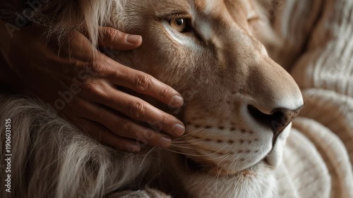 Person touches lion in calm interaction at animal sanctuary in the afternoon light