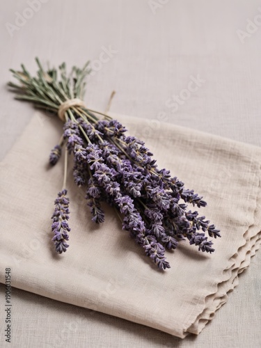Dried lavender on linen napkin, neutral background