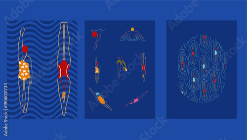 Modern swimming poster with abstract swimmer silhouette on a dark blue background. Minimal flat illustration representing strength, motion, and aquatic sport. Ideal for fitness branding, sport posters