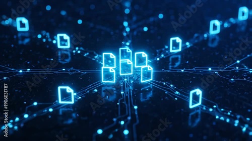 Glowing file icons float in network. Digital data nodes link through connection. Cloud storage and server cluster visualize transfer. Security and blockchain concept represented by glowing paths.