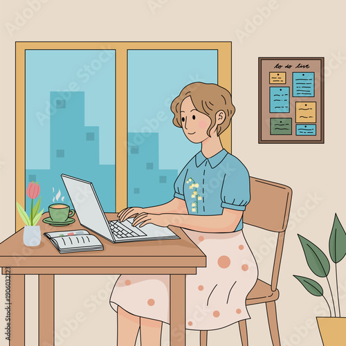Young woman freelancer with short hair working on laptop, wearing blue short-sleeved shirt with floral pattern, female character typing on computer in home office, flat vector illustration