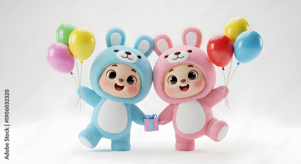 Fototapeta premium Two cute bunny costume kids with balloons, cheerful birthday cartoon