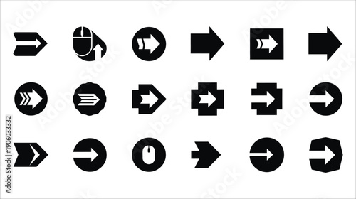 Diverse Right-Pointing Arrow and Computer Mouse Cursor Solid Glyph Icons for User Interface Navigation and Digital Action Buttons
