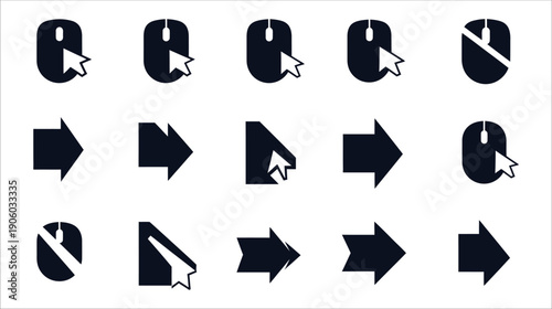 Essential Computer Mouse Cursor and Directional Arrow Solid Silhouette Icons Set for Web Navigation, User Interface, and Digital Interaction