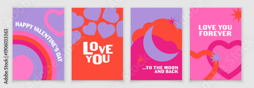 Valentine's cards with bright symbols. Rainbow, love, hearts on an orange background.