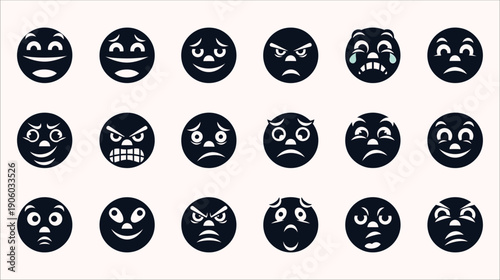 Black and White Emoji Icons Set with Diverse Facial Expressions Illustrating Human Emotions for Social Media and Communication Design