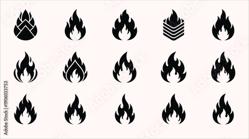 Diverse Collection of Flame and Fire Icons with Abstract, Geometric, and Traditional Styles for Varied Design Applications