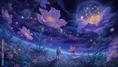 Astronaut standing in alien field of giant glowing purple flowers under a vibrant cosmic night sky with planets and nebula